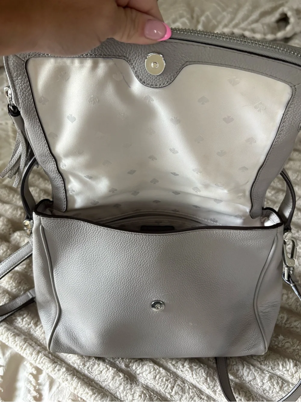 kate spade Silver-Gray Pebbled Leather Shoulder Bag with Tassel